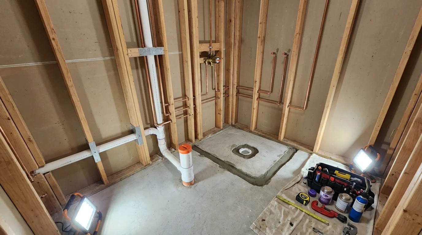 Bathroom rough-in plumbing during remodel by Johns Plumbing LLC in Rome