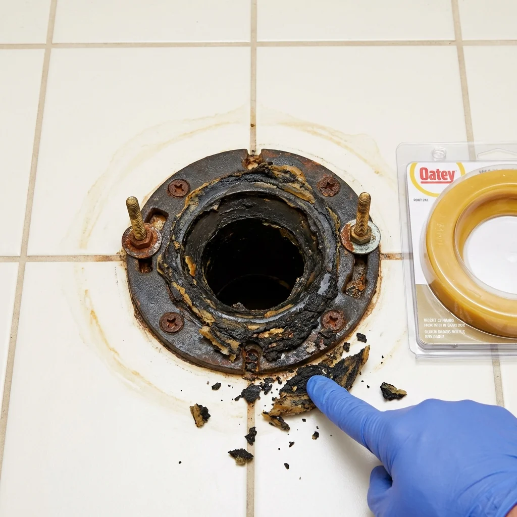 Failed wax ring showing water seepage at the base of a toilet in a Rome, GA home