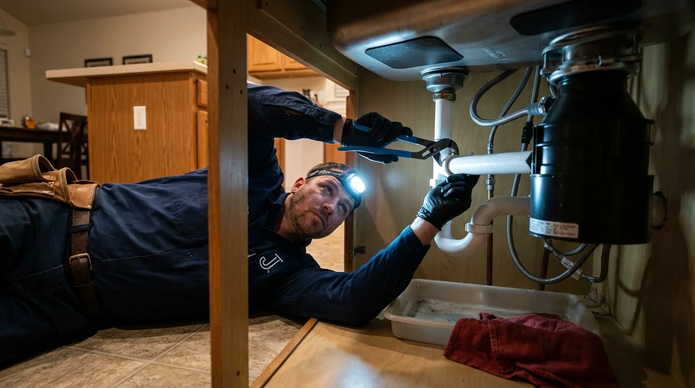 P-trap and supply line connections under a kitchen sink showing a common leak point in Rome, GA